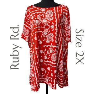 Ruby Rd. - Red Paisley Bandana Print Tunic - Short Sleeve Boho Top - Size 2X